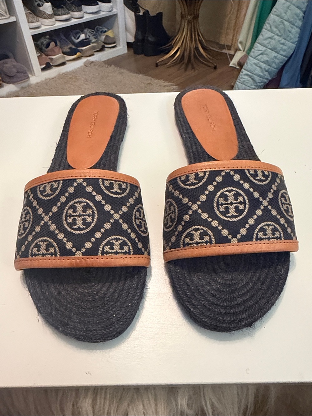 Tory Burch Navy Minogram Logo Espadrille Sandals with Brown Trim